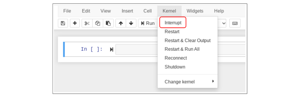 El menú de la parte superior de un cuaderno Jupyter. Desde la opción "Kernel", se indica "Interrumpir" en el menú desplegable.