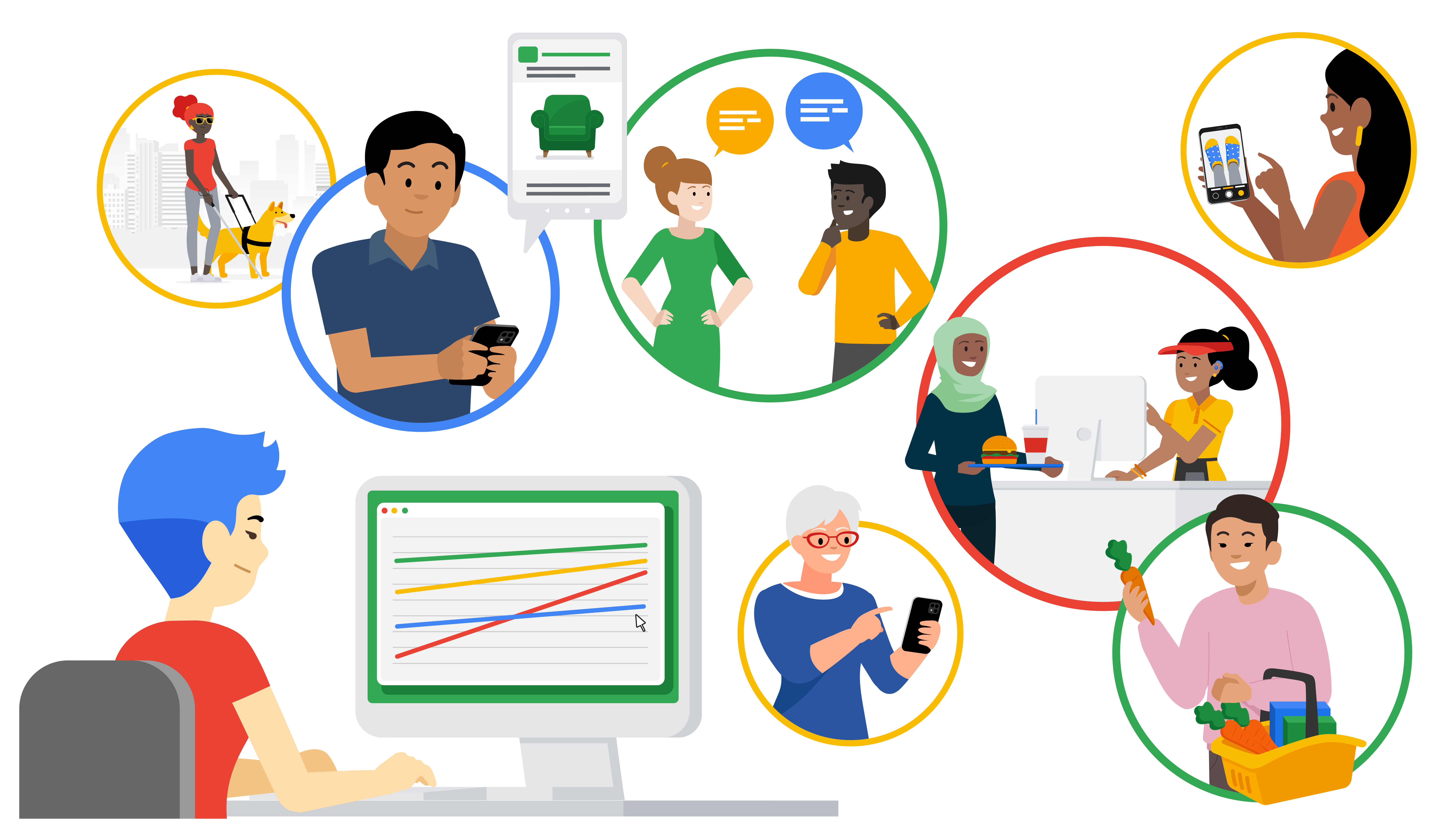Profesional de los datos que mira los datos, detrás de los cuales hay grupos de personas que viven la vida.