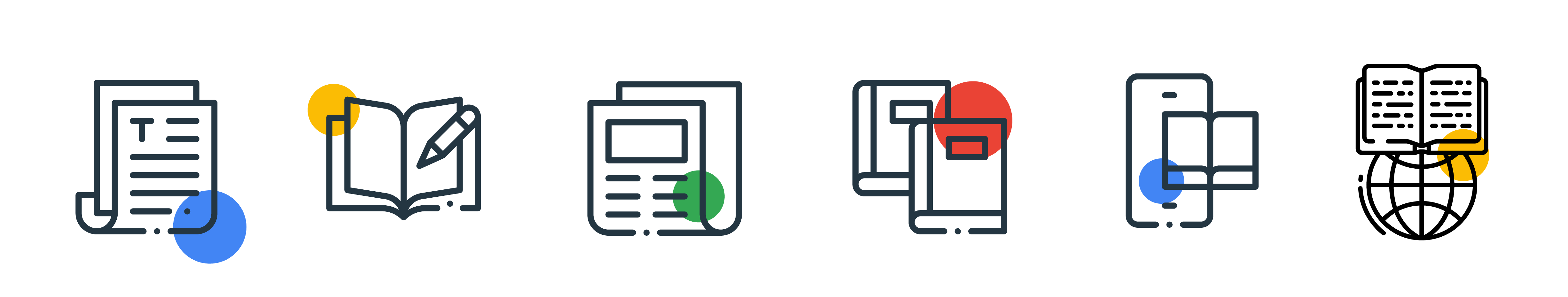 Varios iconos que representan distintos tipos de revistas, artículos y recursos
