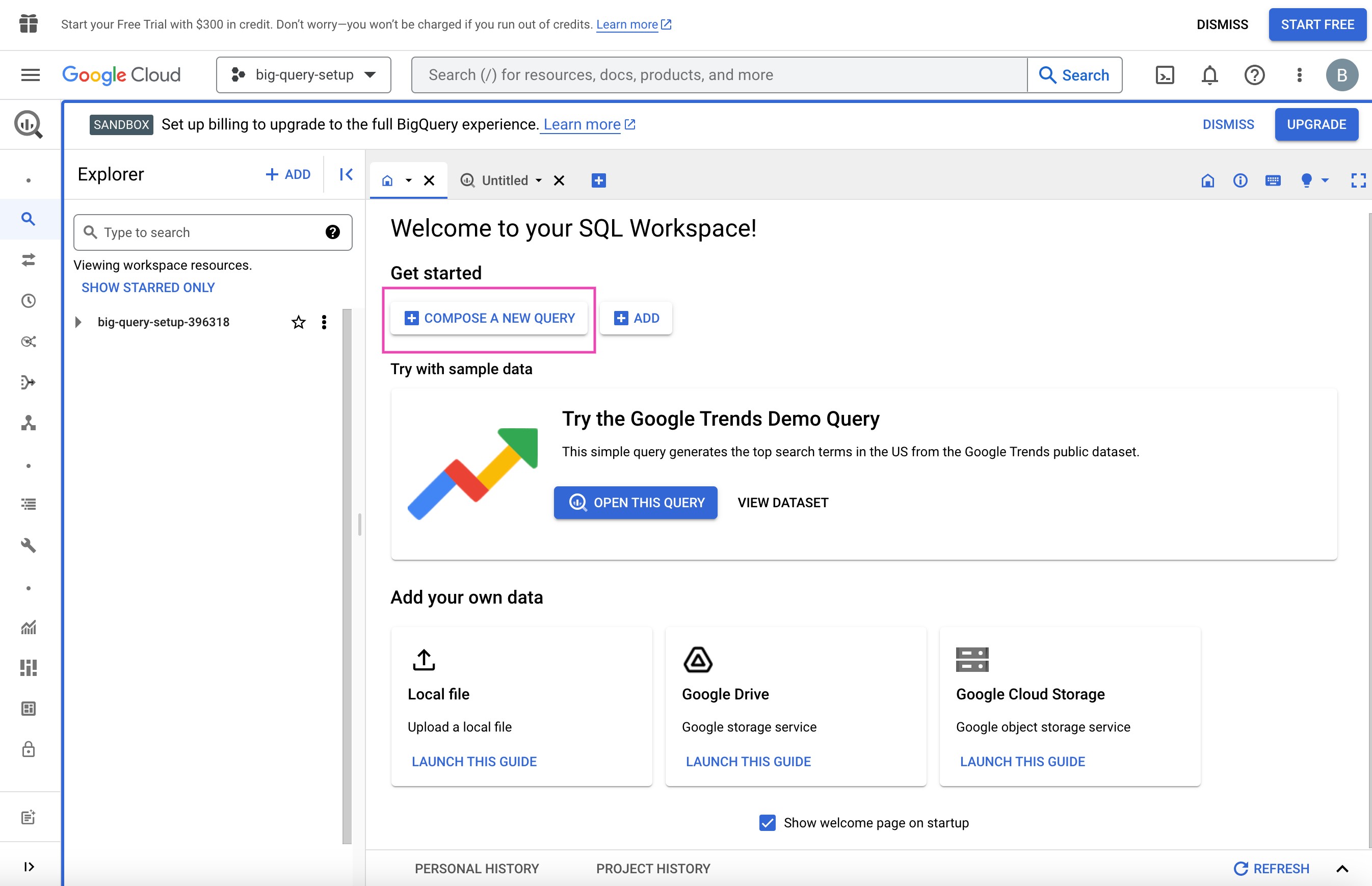 Captura de pantalla de la página "Bienvenido a su espacio de trabajo SQL"