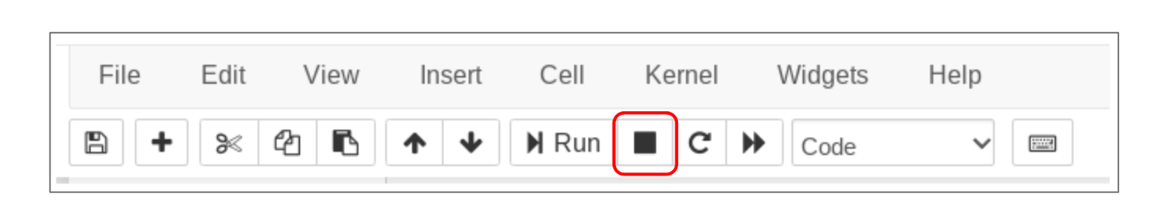 La barra de menús en la parte superior de un cuaderno Jupyter. El botón con un cuadrado que representa "detener" está resaltado.
