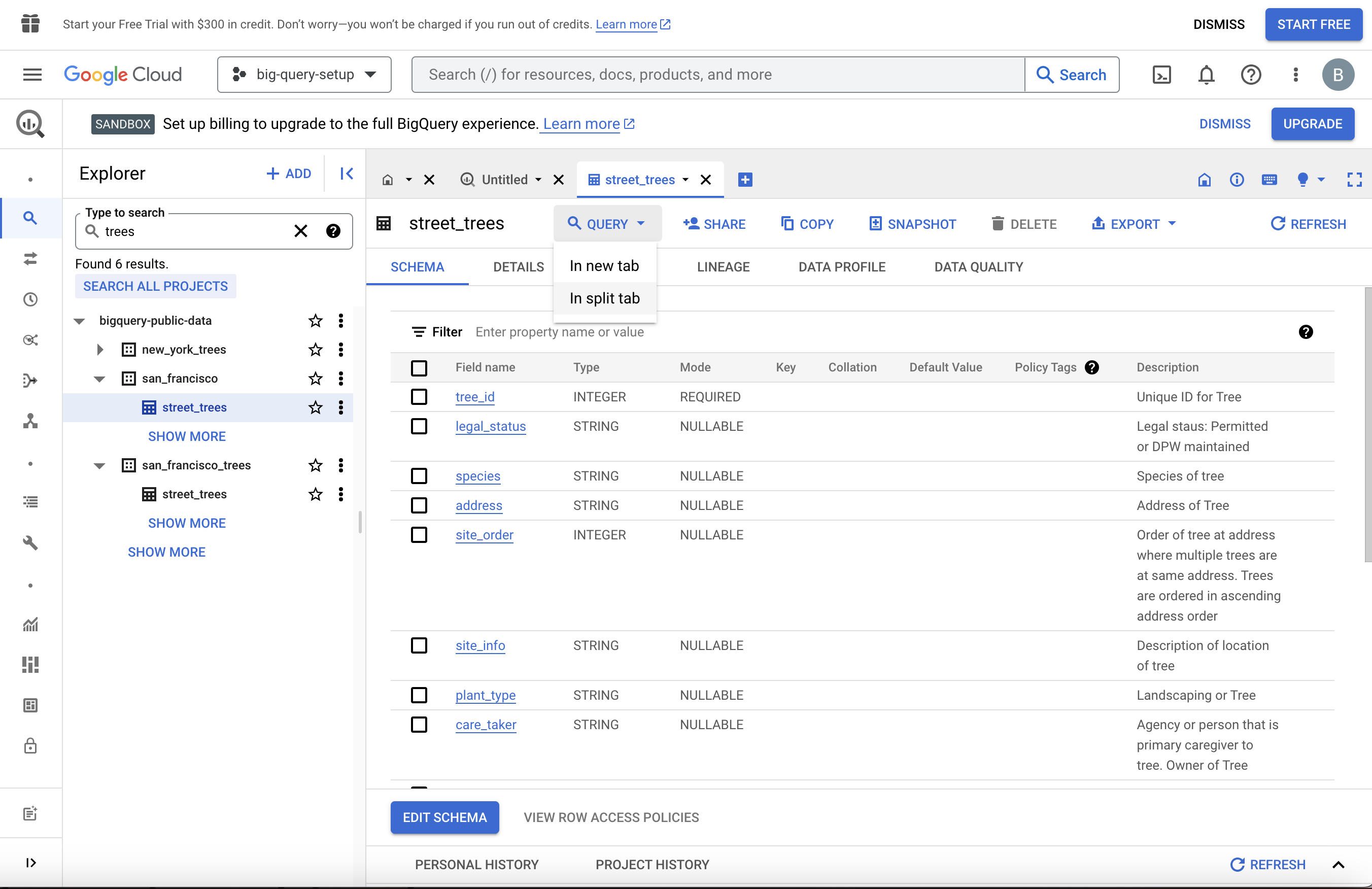 Captura de pantalla de la página de consulta sobre los árboles de las calles de San Francisco